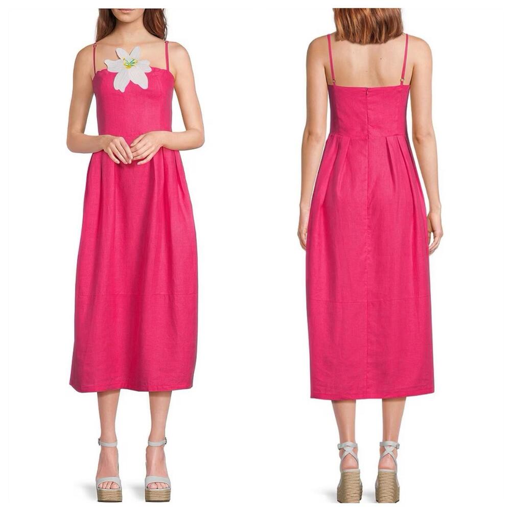 NWT $389 Fanm Mon Fuchsia Linen Spaghetti Strap Dress With White Flower (Large)